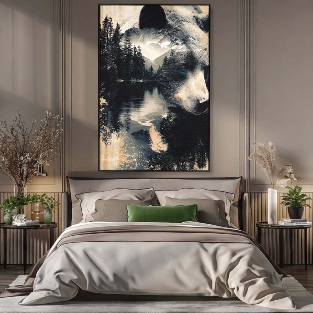 Tablou canvas cu tablou canvas cu urs si peisaj montan, in rama de aluminiu negru, pe perete intr-un dormitor